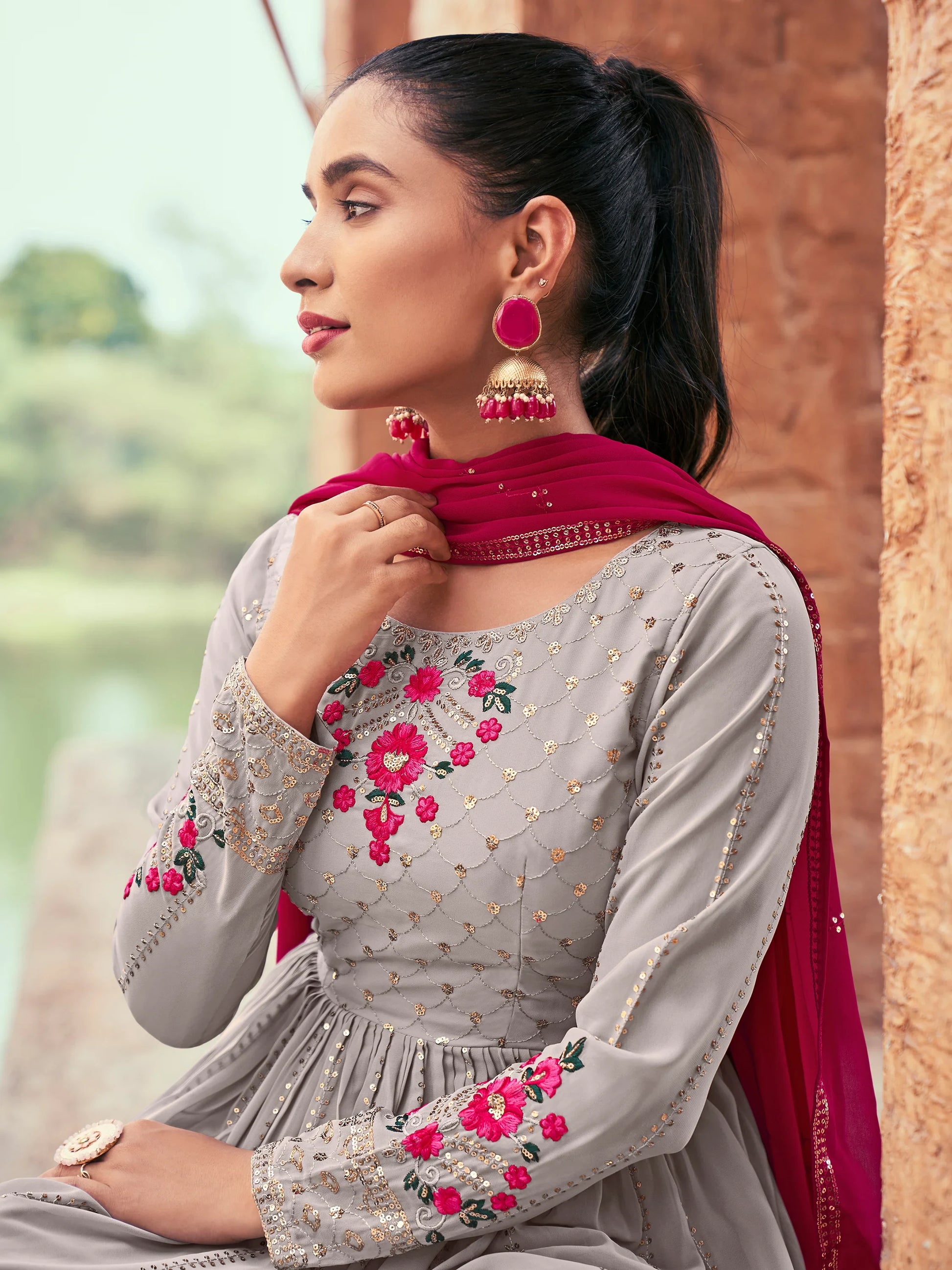 Attractive Grey Embroidered Georgette Readymade Palazzo Suit - Zeel Clothing