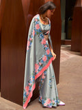 Attractive Grey Floral Printed Satin Events Wear Saree With Blouse - Zeel Clothing