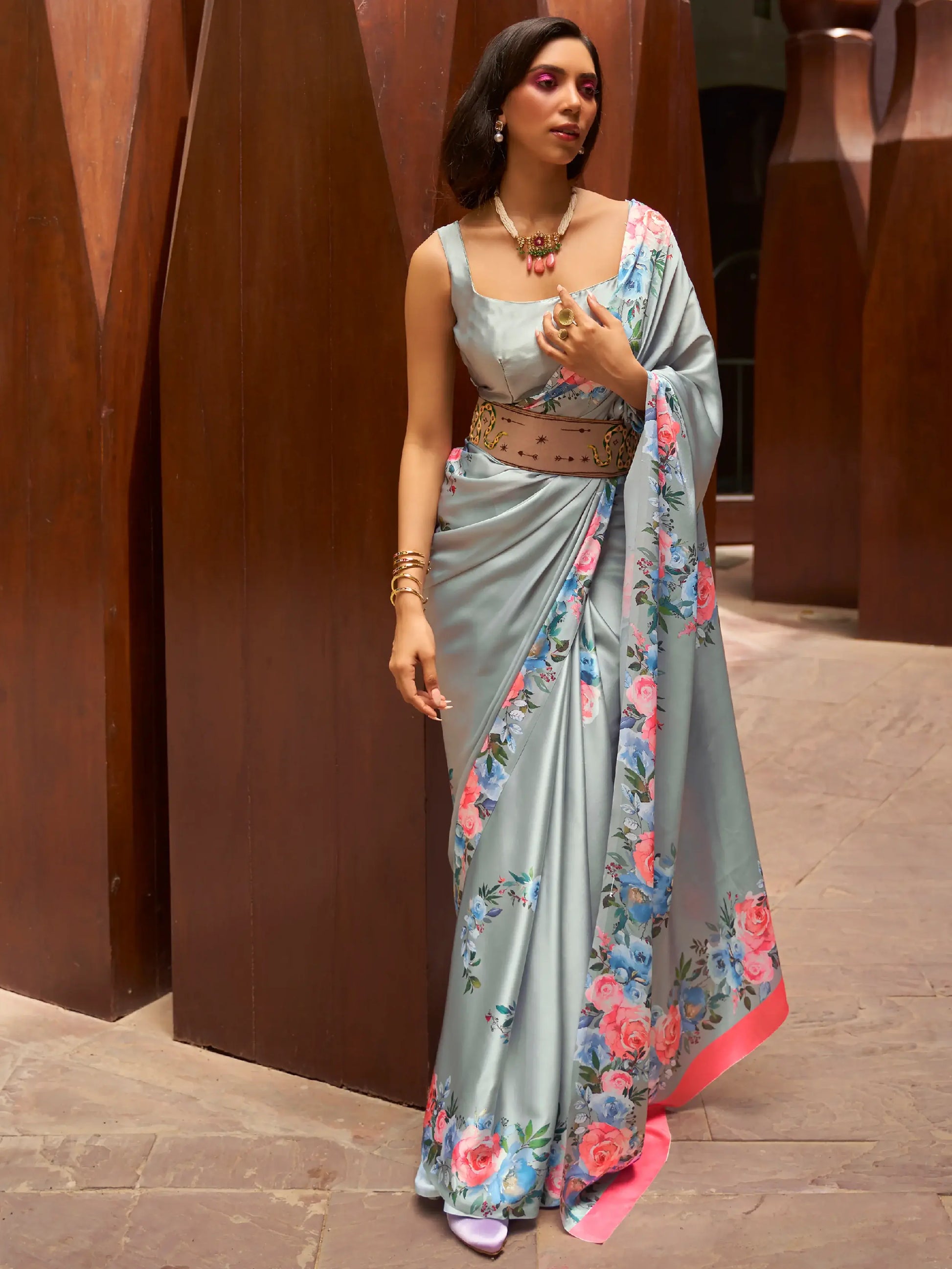 Attractive Grey Floral Printed Satin Events Wear Saree With Blouse - Zeel Clothing