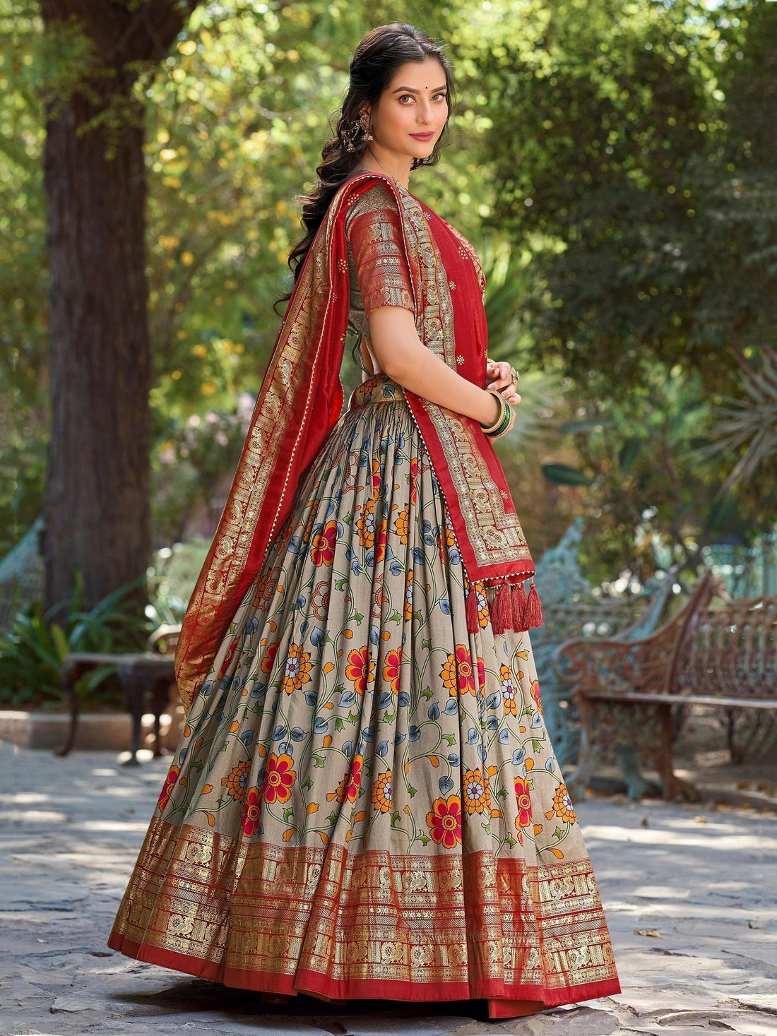 Attractive Grey Kalamkari Printed Silk Function Wear Lehenga Choli