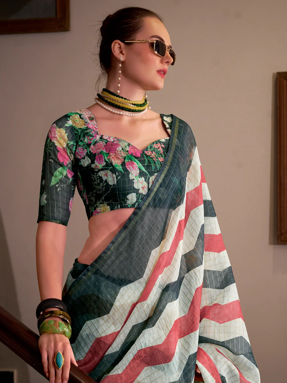 Attractive Grey Printed Cotton Casual Wear Saree With Blouse - Zeel Clothing