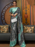 Attractive Grey Printed Satin Festival Wear Saree With Blouse - Zeel Clothing
