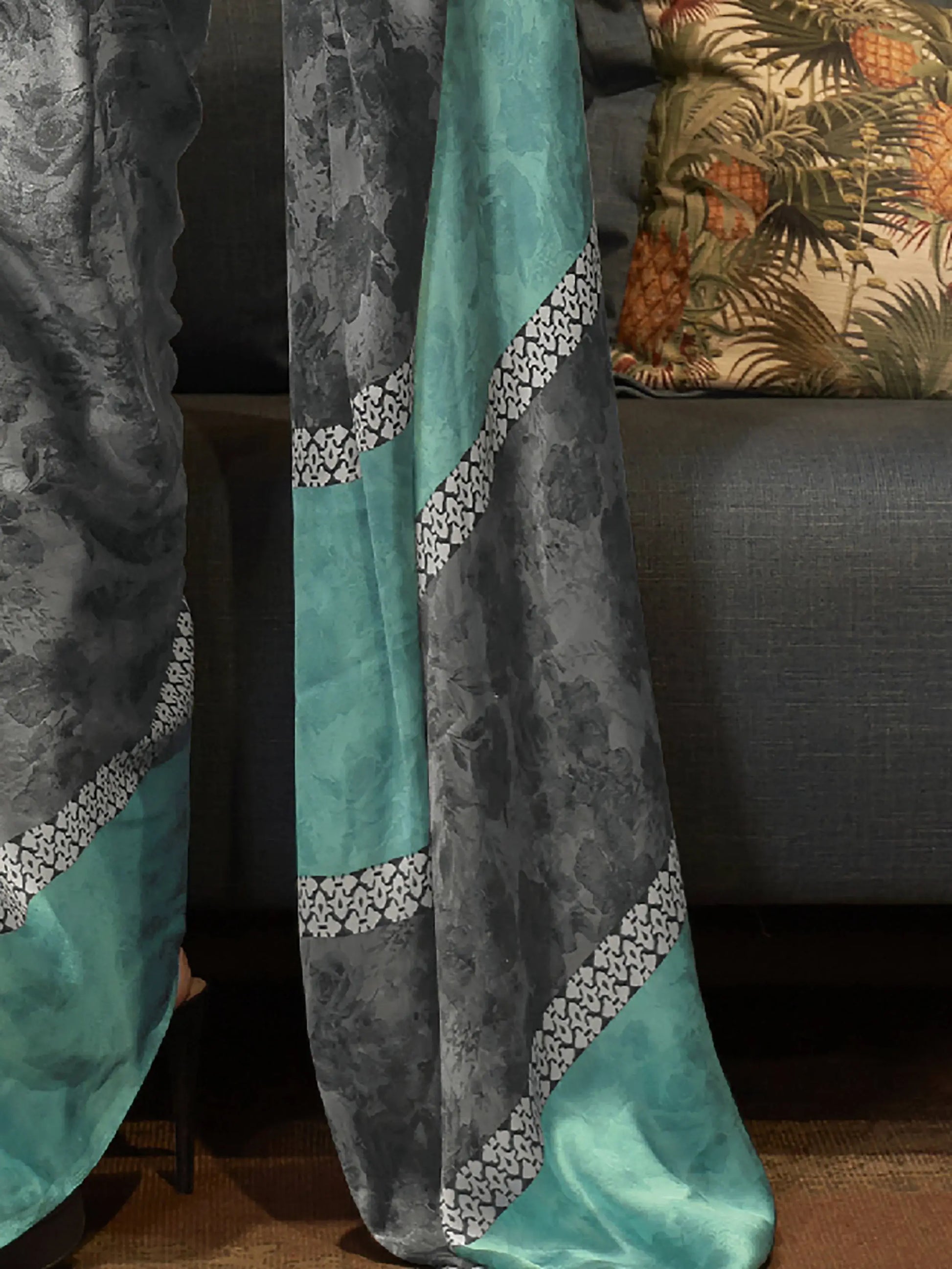 Attractive Grey Printed Satin Festival Wear Saree With Blouse - Zeel Clothing