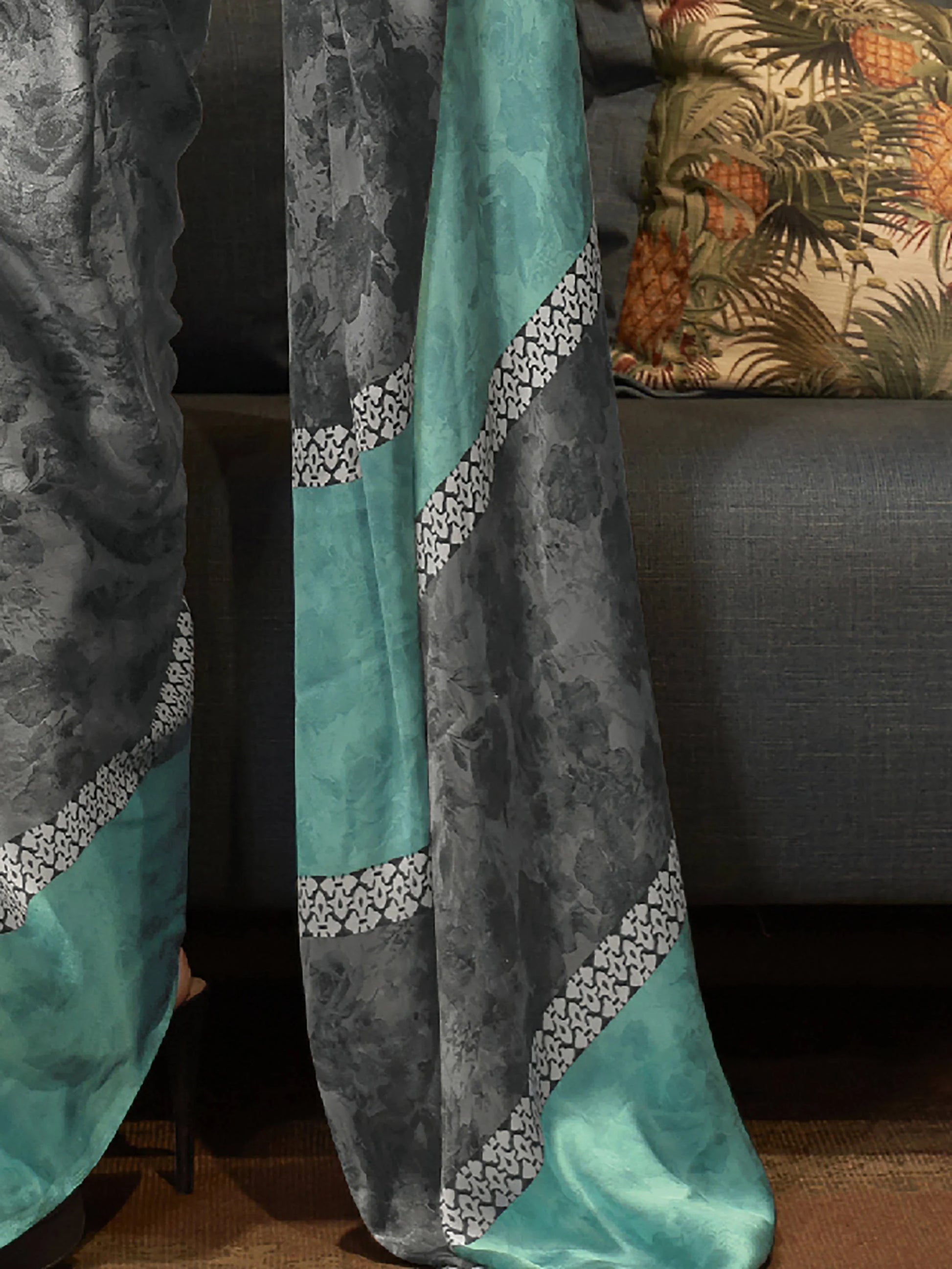 Attractive Grey Printed Satin Festival Wear Saree With Blouse - Zeel Clothing