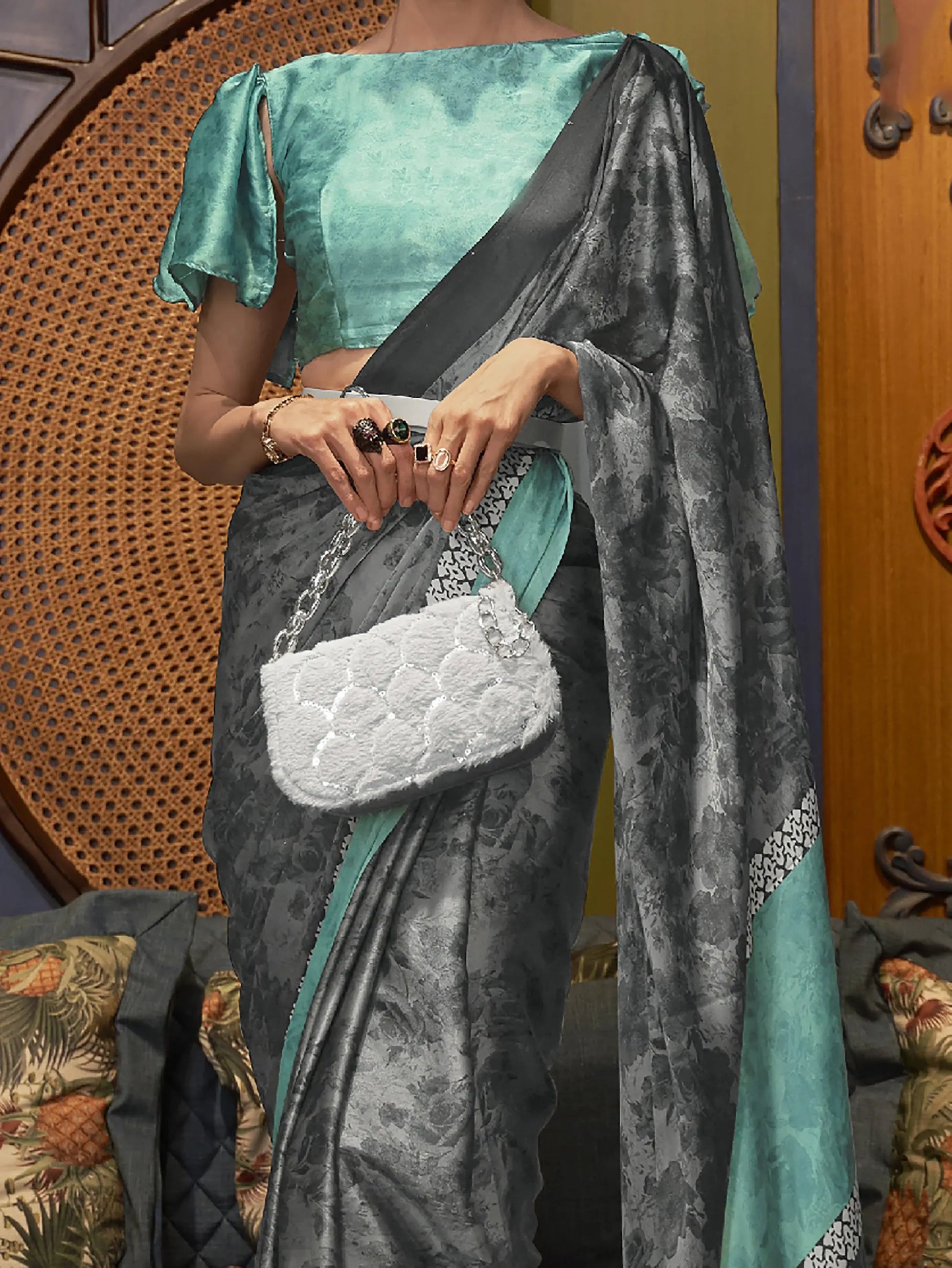 Attractive Grey Printed Satin Festival Wear Saree With Blouse - Zeel Clothing