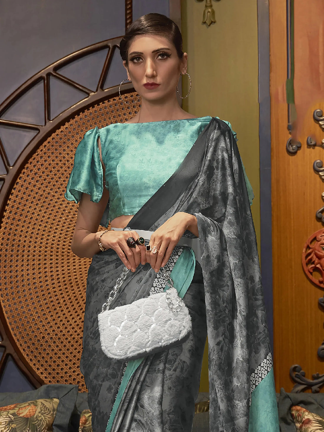 Attractive Grey Printed Satin Festival Wear Saree With Blouse - Zeel Clothing