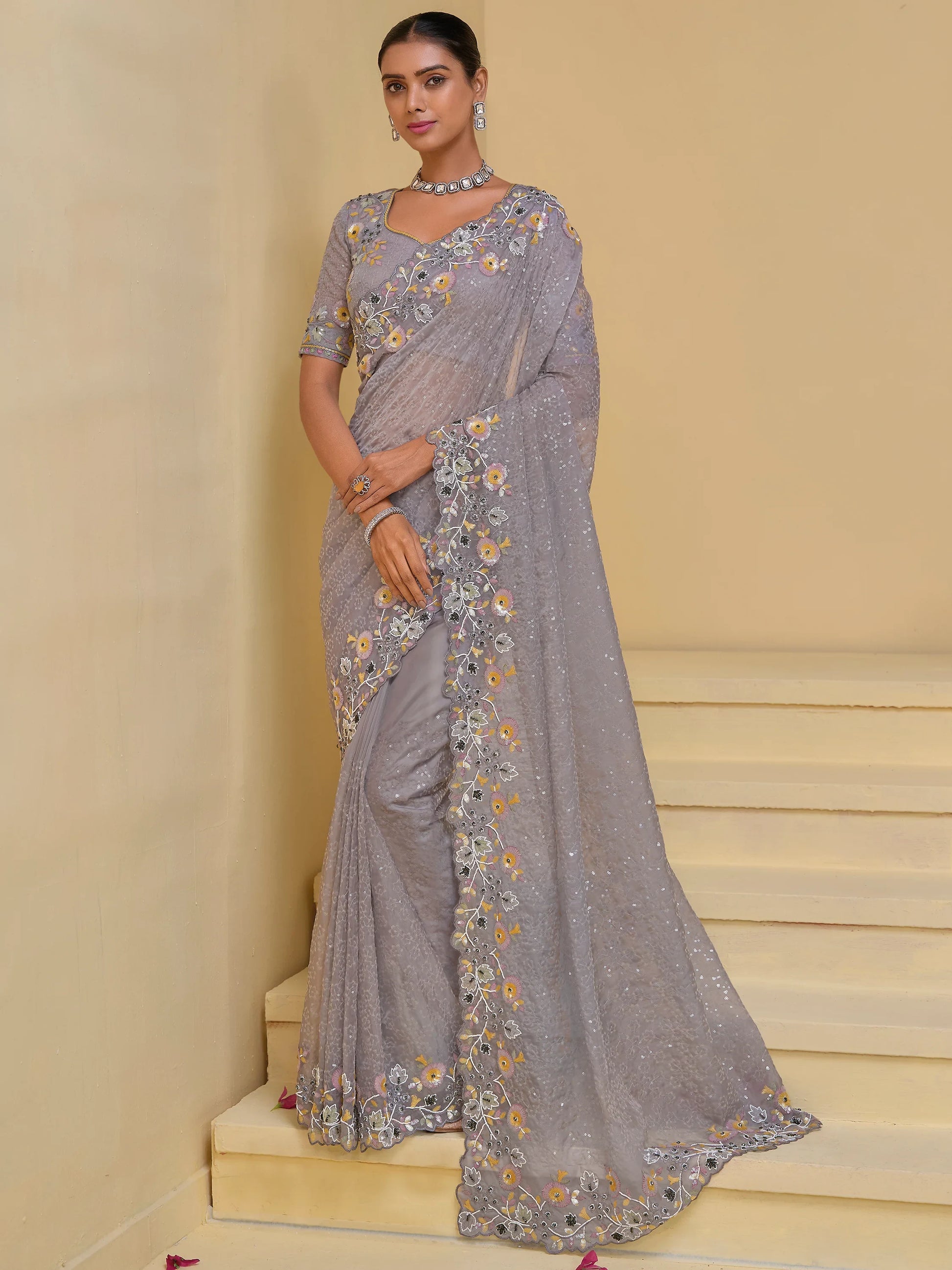 Attractive Grey Sequins Organza Party Wear Saree With Blouse - Zeel Clothing