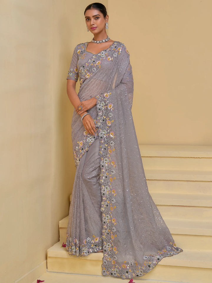 Attractive Grey Sequins Organza Party Wear Saree With Blouse - Zeel Clothing