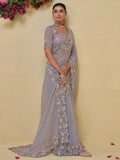 Attractive Grey Sequins Organza Party Wear Saree With Blouse - Zeel Clothing