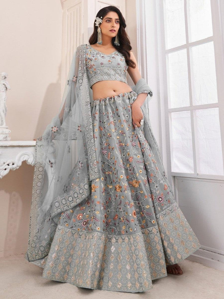 Attractive Grey Silk Floral Embroidered Reception wear Lehenga Choli