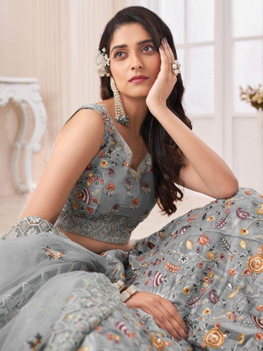 Attractive Grey Silk Floral Embroidered Reception wear Lehenga Choli - Zeel Clothing