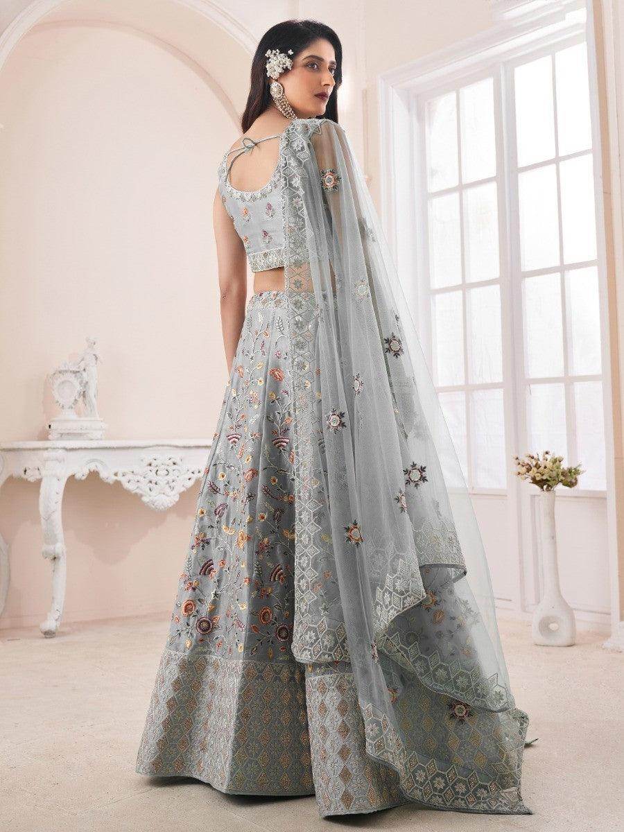 Attractive Grey Silk Floral Embroidered Reception wear Lehenga Choli - Zeel Clothing