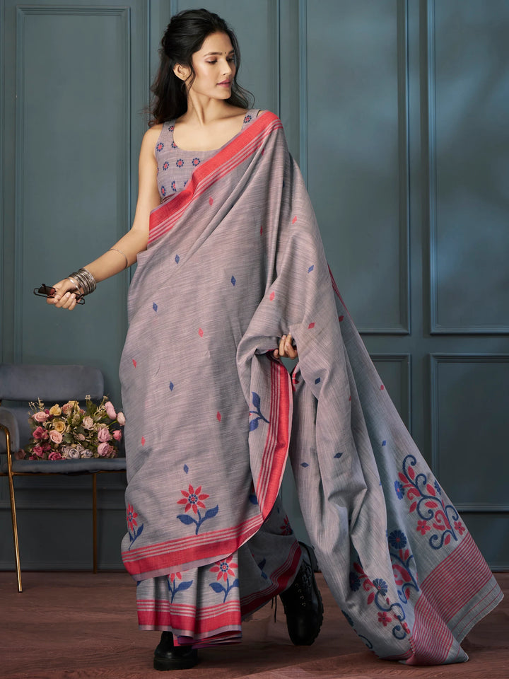 Attractive Grey Weaving Linen Festival Wear Saree With Blouse - Zeel Clothing