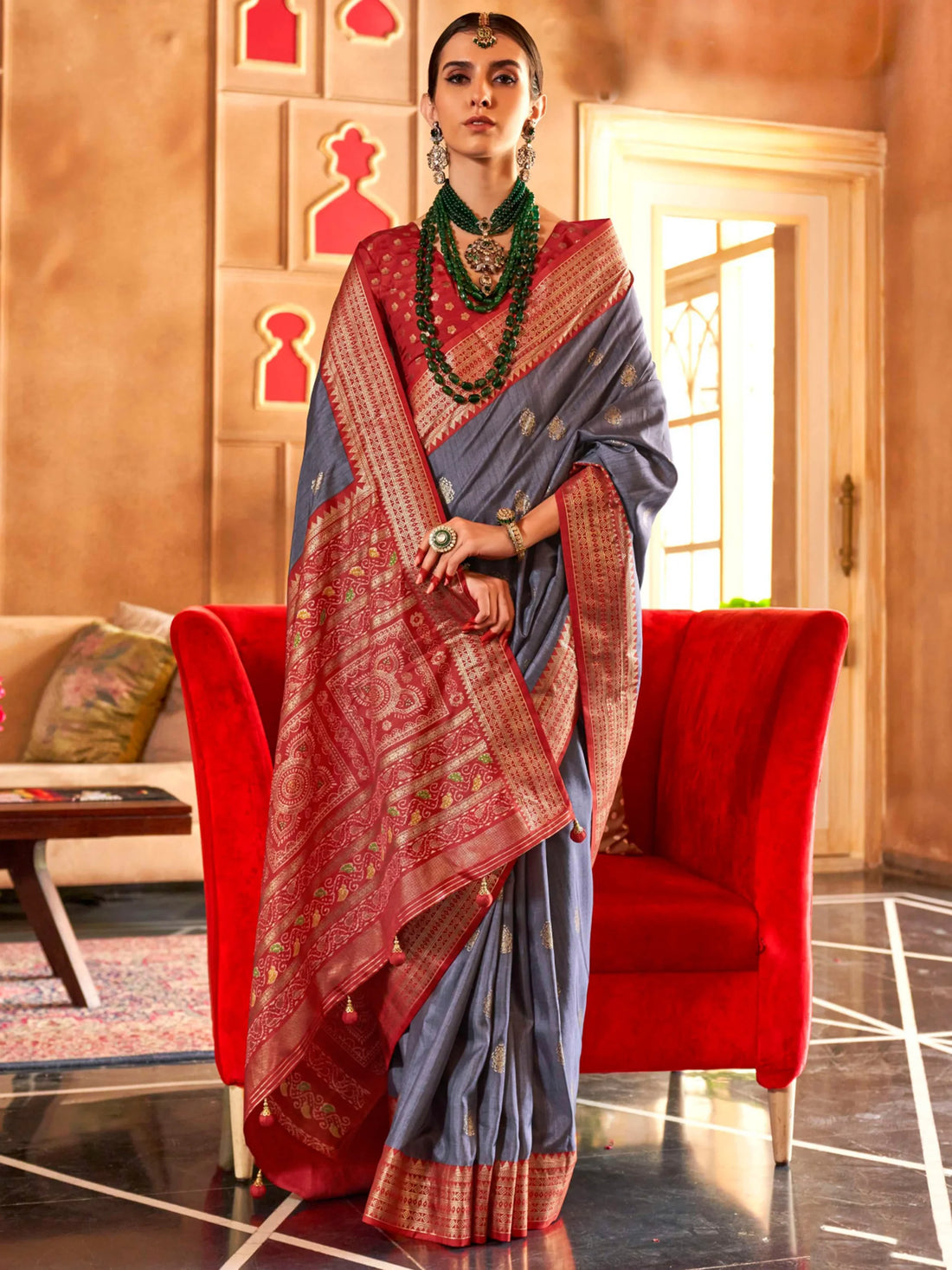 Attractive Grey Zari Weaving Patola Silk Saree With Blouse - Zeel Clothing