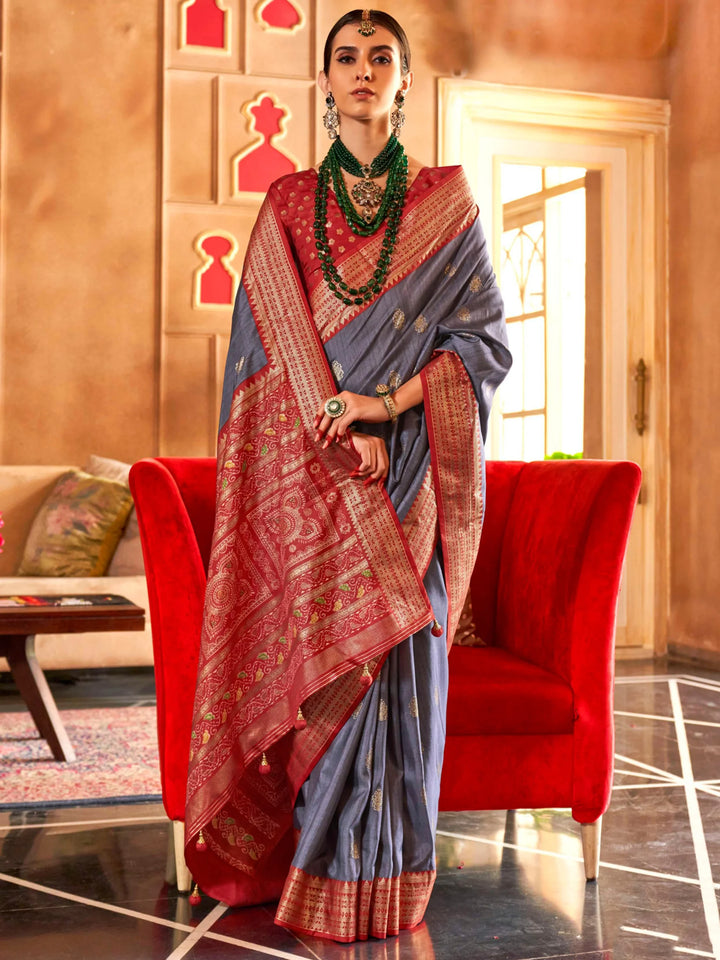 Attractive Grey Zari Weaving Patola Silk Saree With Blouse - Zeel Clothing