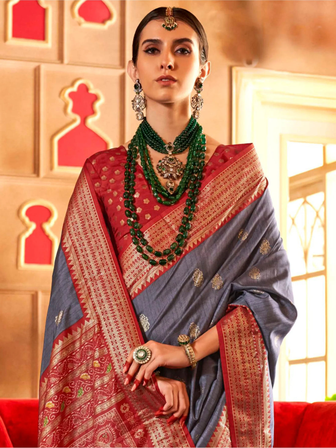 Attractive Grey Zari Weaving Patola Silk Saree With Blouse - Zeel Clothing