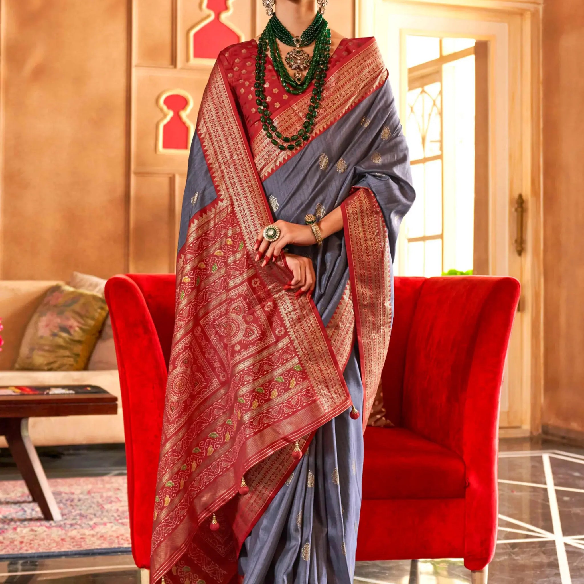 Attractive Grey Zari Weaving Patola Silk Saree With Blouse - Zeel Clothing