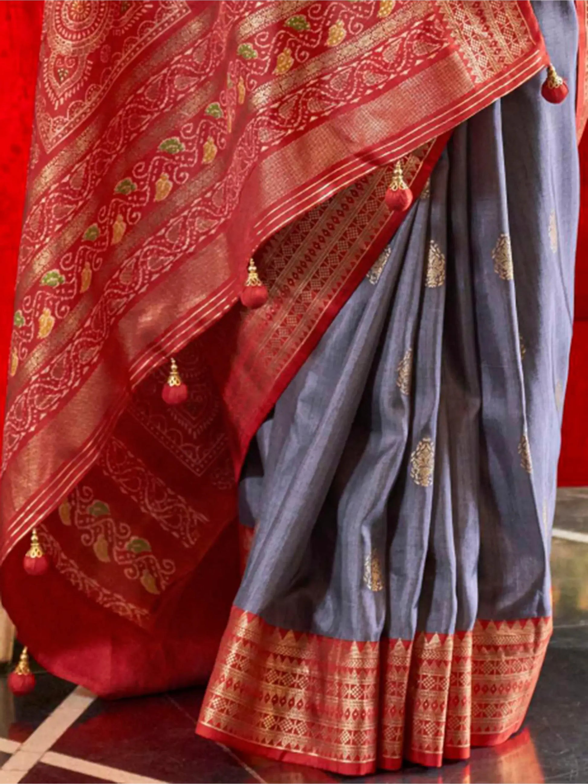 Attractive Grey Zari Weaving Patola Silk Saree With Blouse - Zeel Clothing