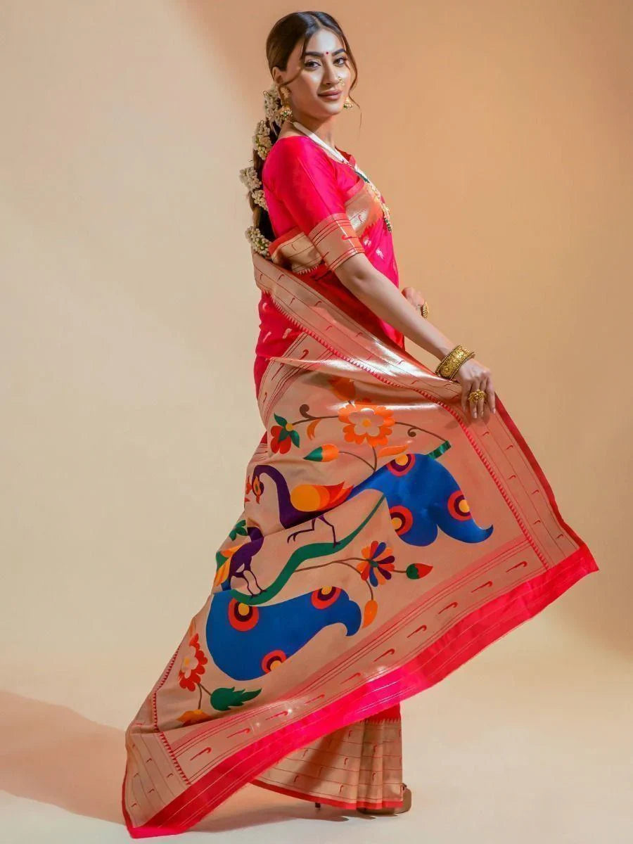 Attractive Hot Pink Woven Paithani Silk Festival Wear Saree