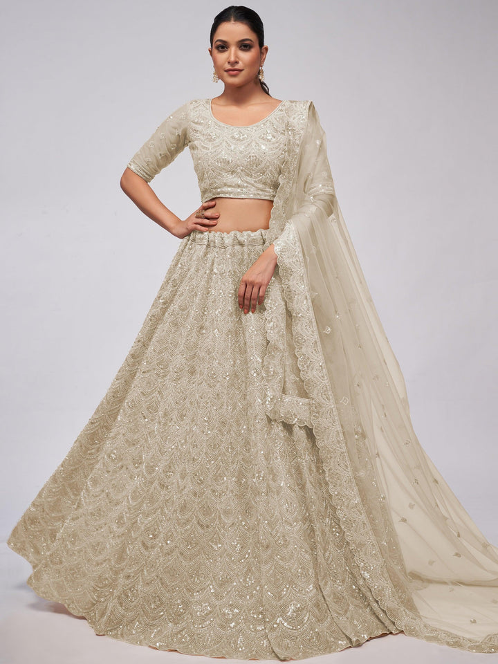 Attractive Ivory Sequins Net Designer Lehenga Choli With Dupatta