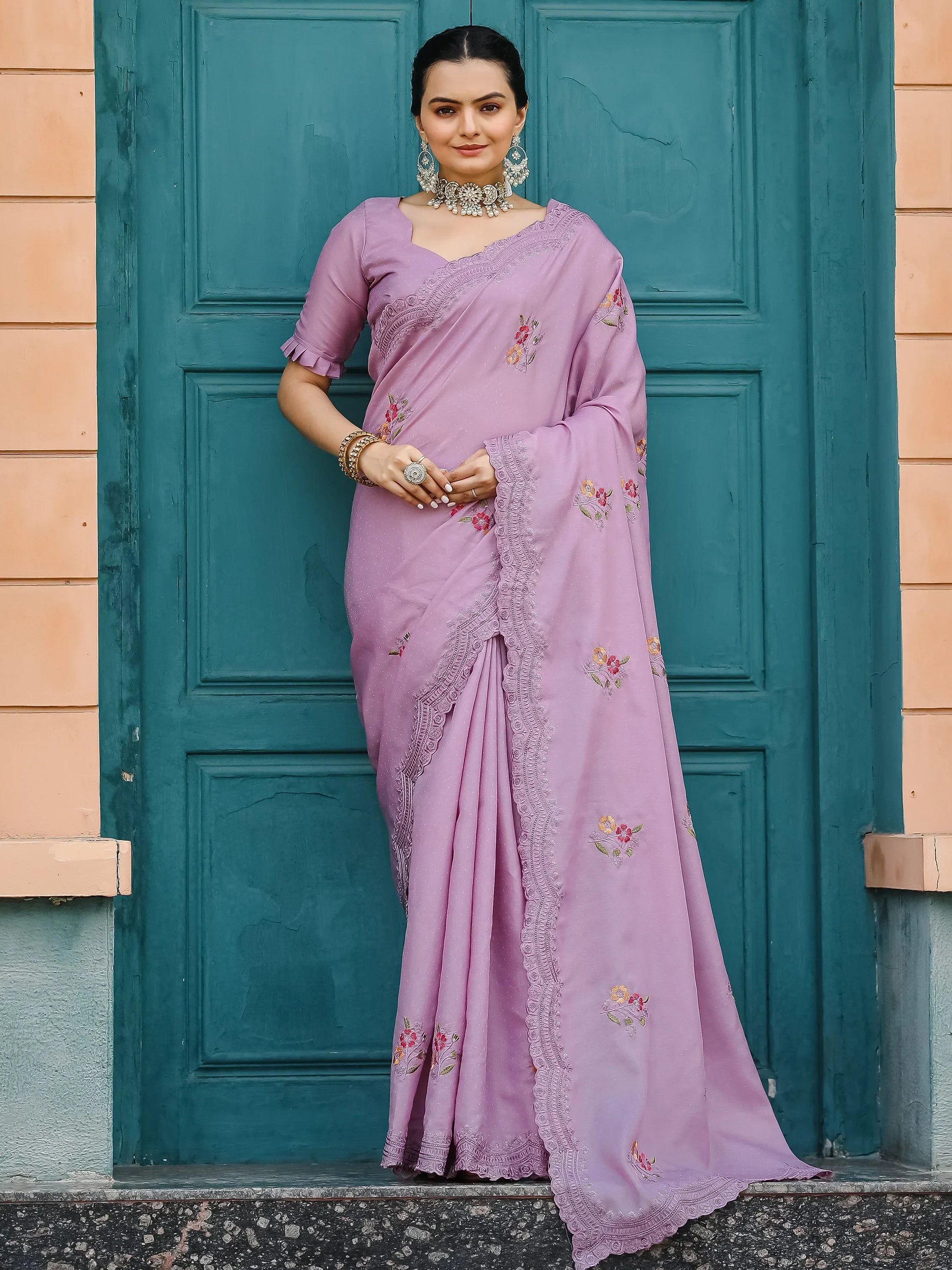 Attractive Lavender Embroidered Cotton Event Wear Saree With Blouse - Zeel Clothing