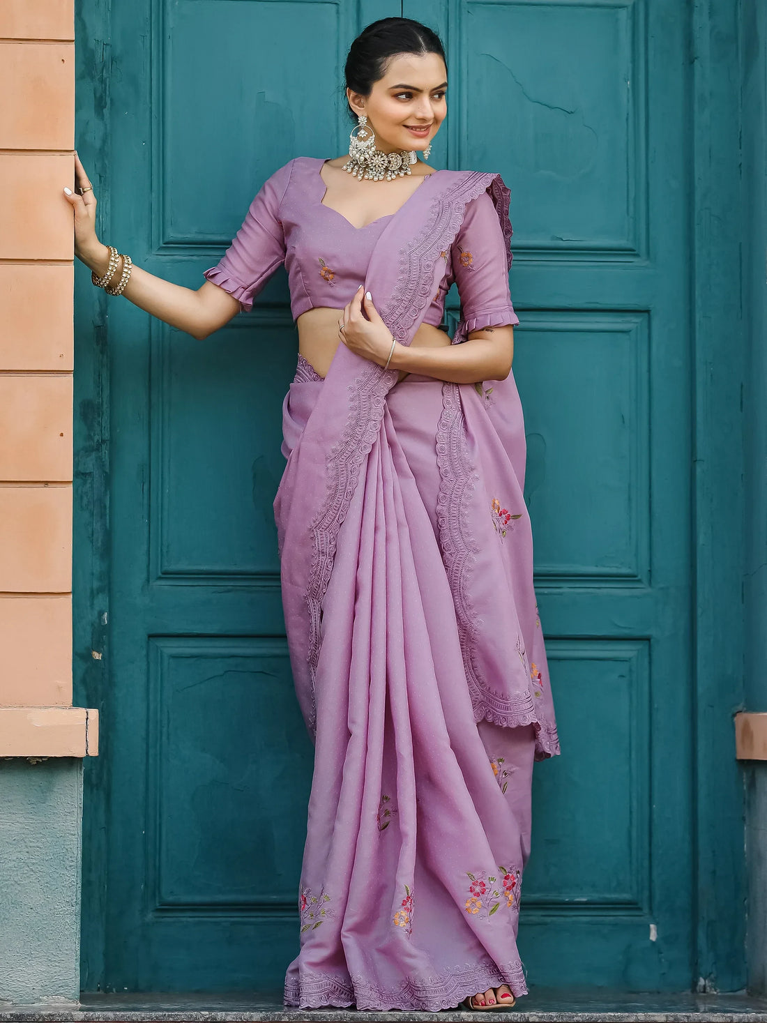 Attractive Lavender Embroidered Cotton Event Wear Saree With Blouse - Zeel Clothing