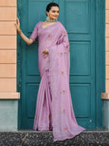 Attractive Lavender Embroidered Cotton Event Wear Saree With Blouse - Zeel Clothing