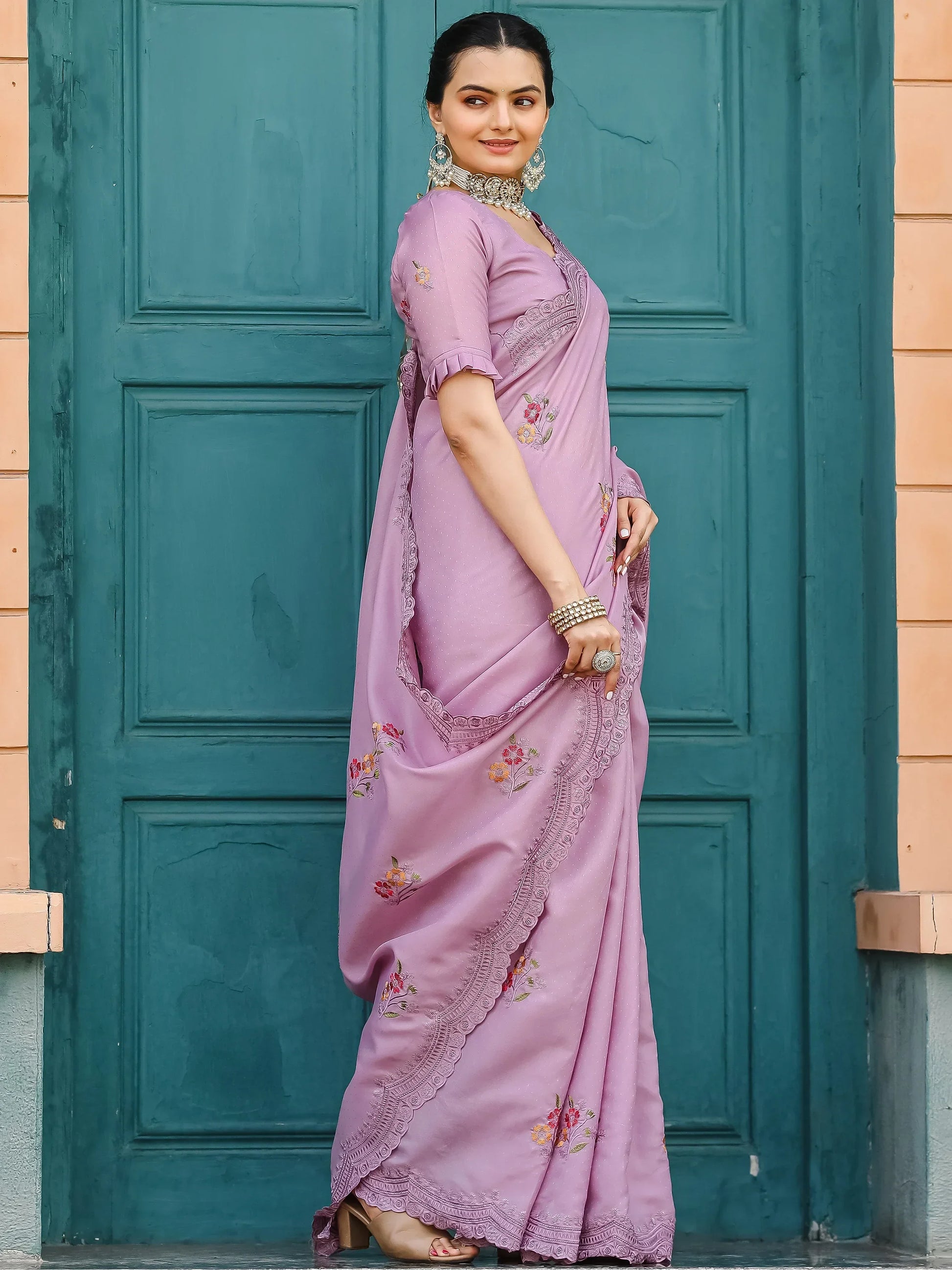 Attractive Lavender Embroidered Cotton Event Wear Saree With Blouse - Zeel Clothing