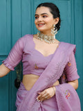 Attractive Lavender Embroidered Cotton Event Wear Saree With Blouse - Zeel Clothing