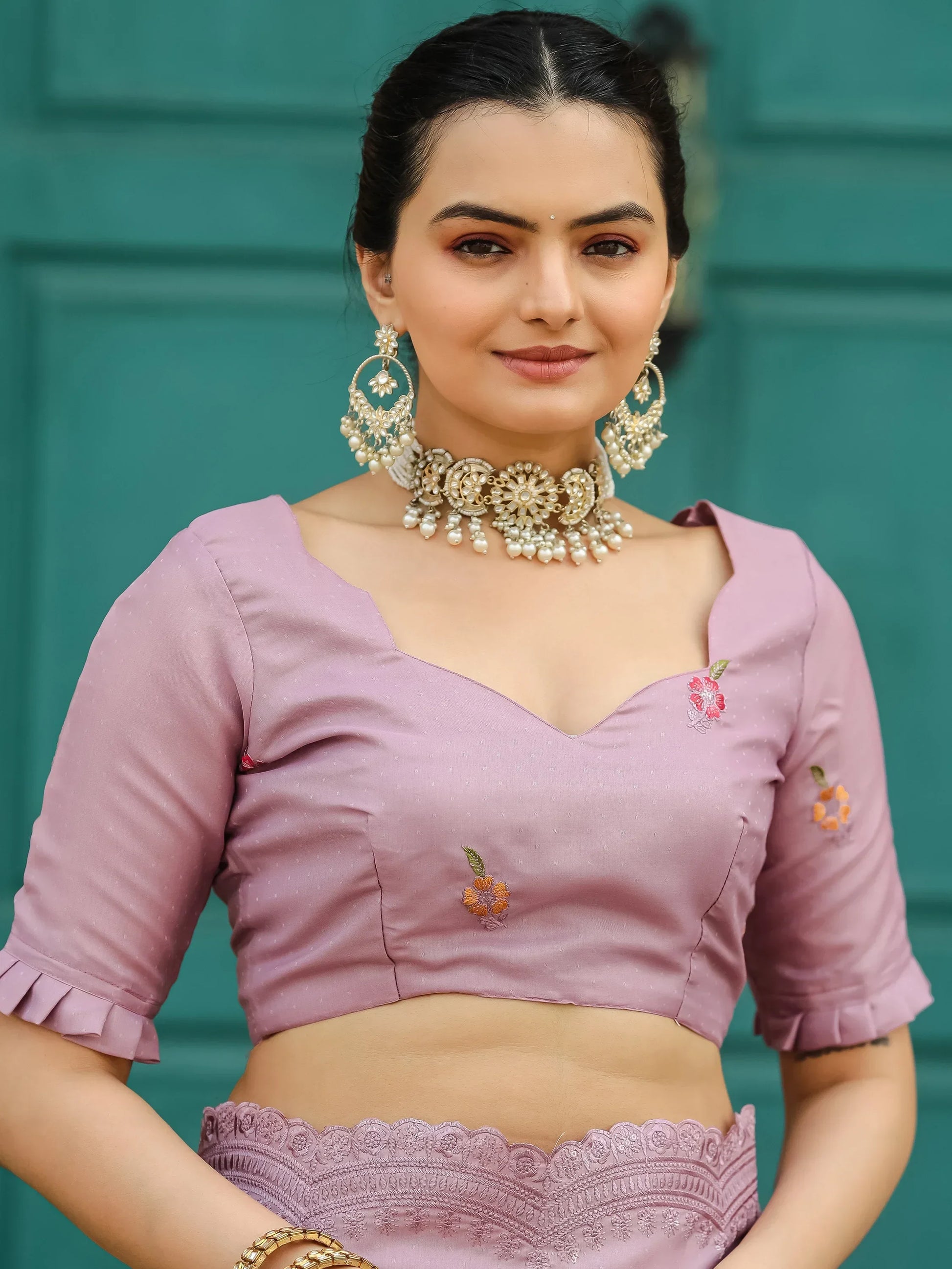 Attractive Lavender Embroidered Cotton Event Wear Saree With Blouse - Zeel Clothing