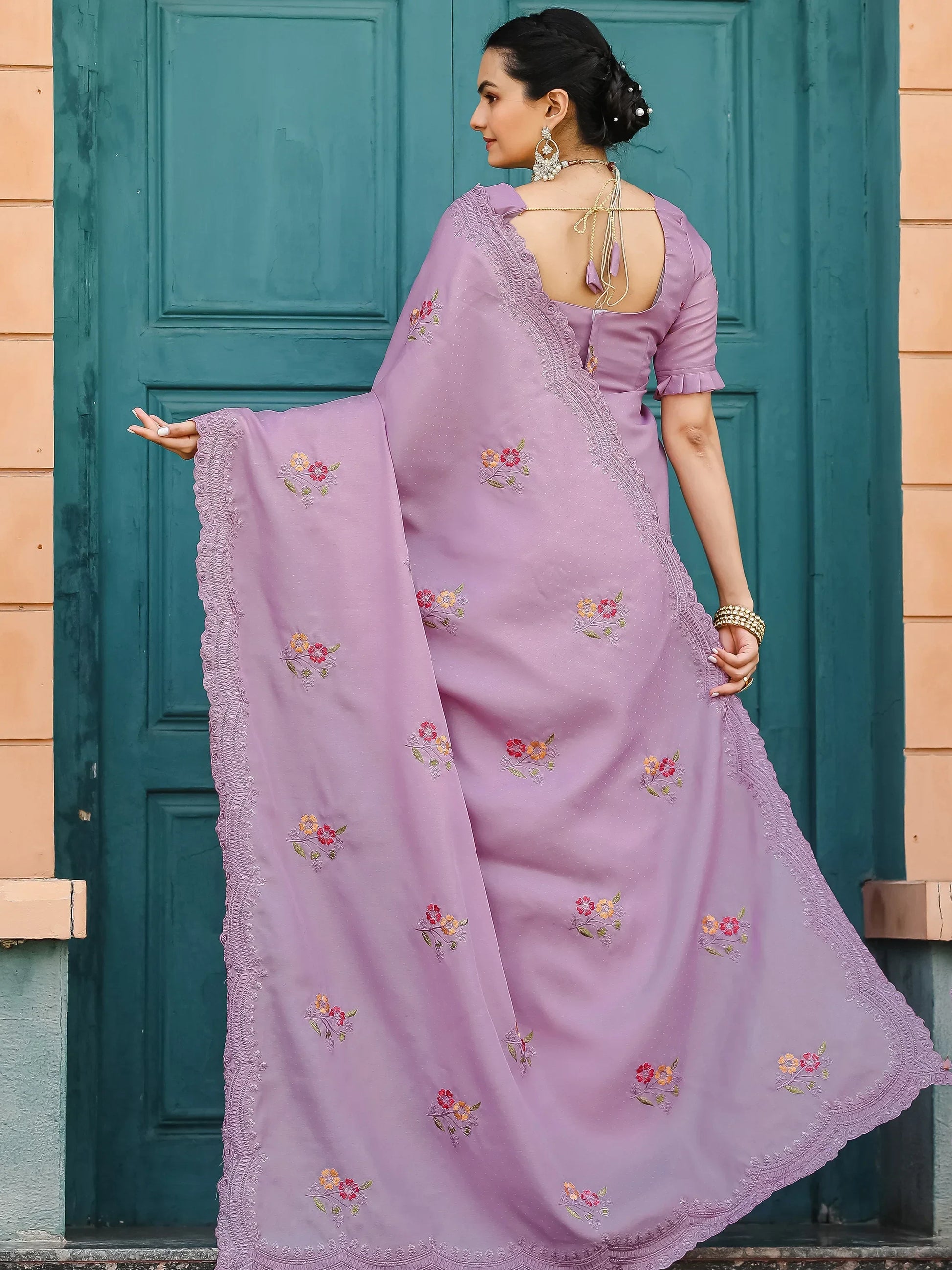 Attractive Lavender Embroidered Cotton Event Wear Saree With Blouse - Zeel Clothing
