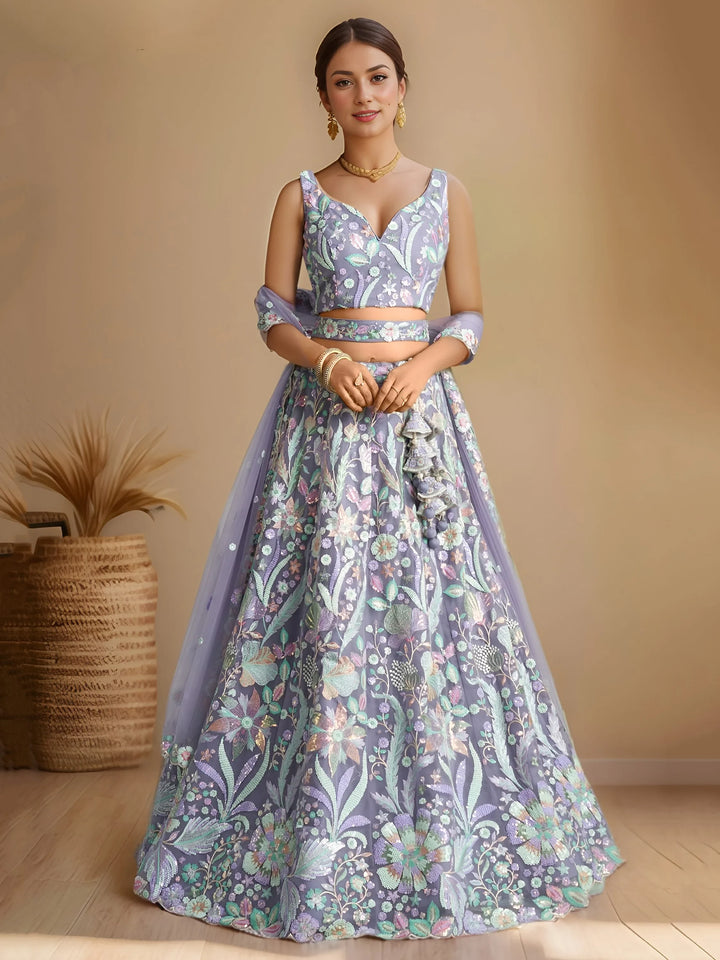 Attractive Lavender Floral Embroidered Net Party Wear Lehenga Choli
