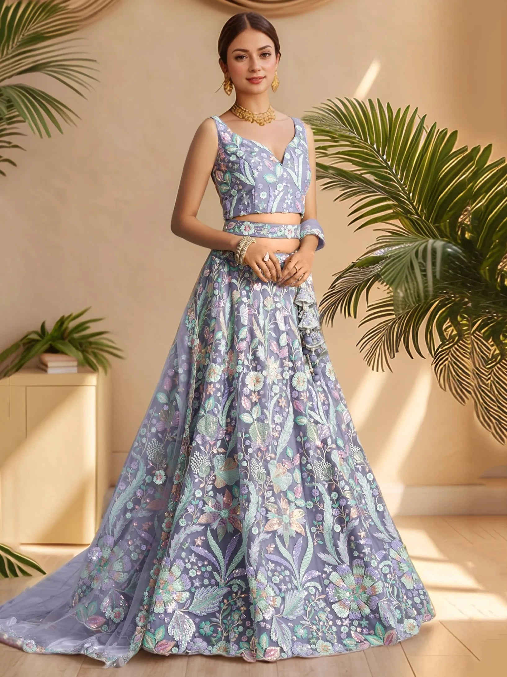 Attractive Lavender Floral Embroidered Net Party Wear Lehenga Choli