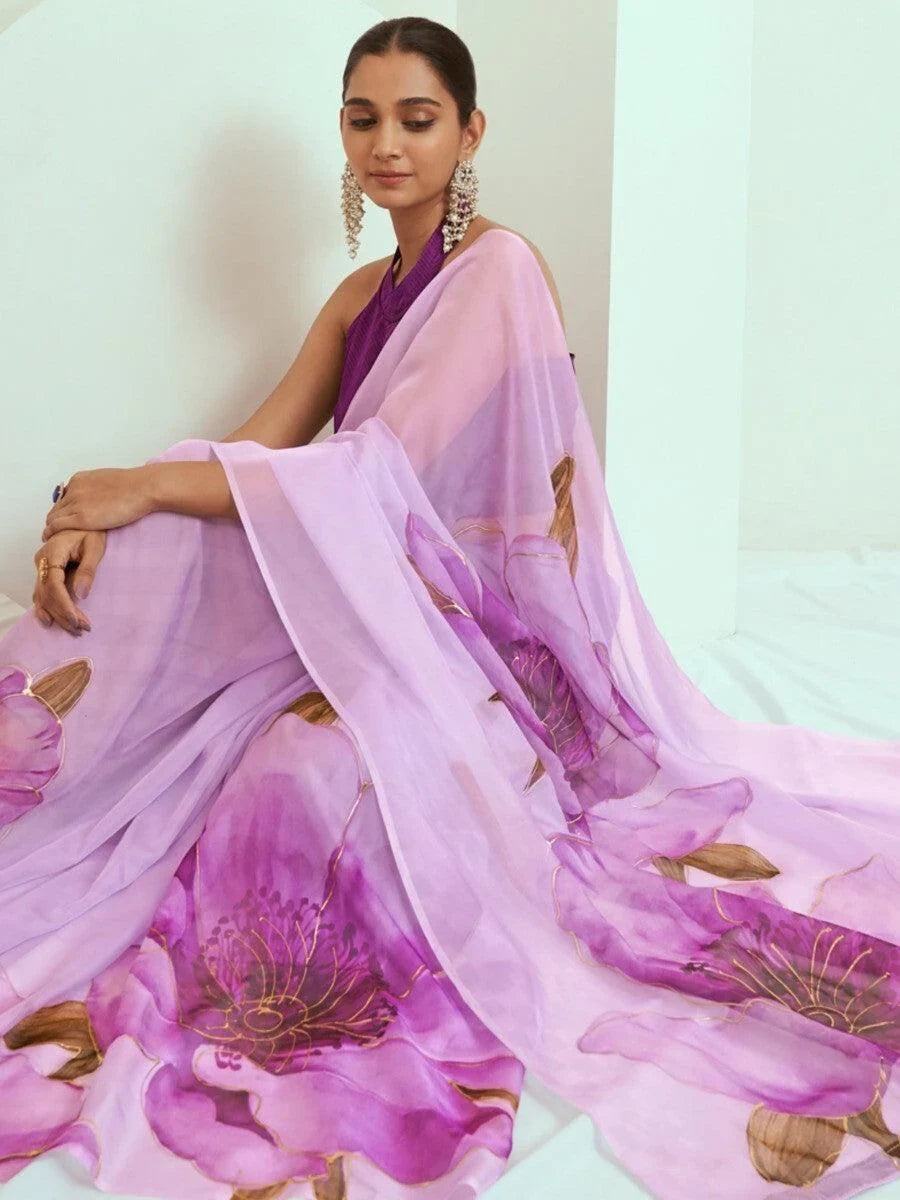 Attractive Lavender Floral Print Georgette Festive Wear Saree With Blouse