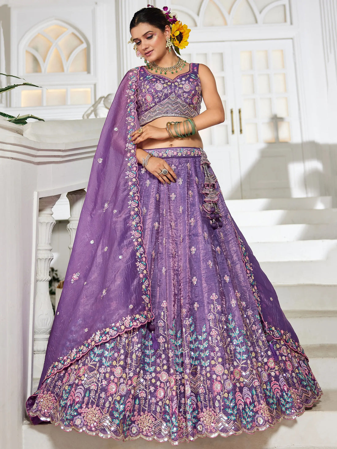 Attractive Lavender Thread Work Silk Engagement Wear Lehenga Choli - Zeel Clothing