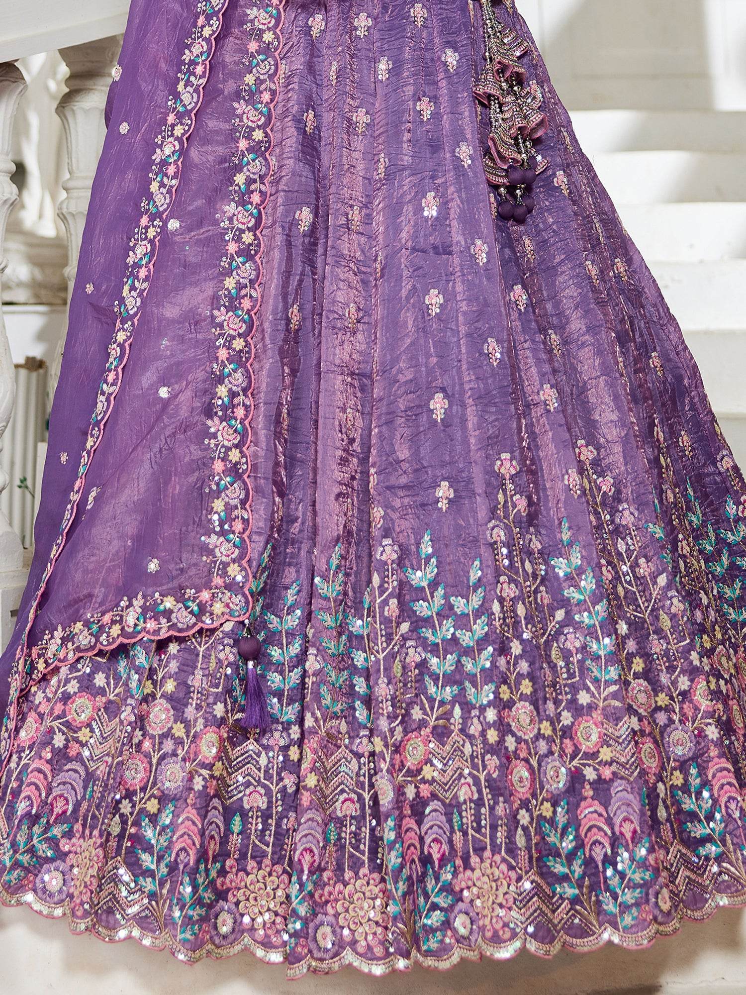 Attractive Lavender Thread Work Silk Engagement Wear Lehenga Choli - Zeel Clothing