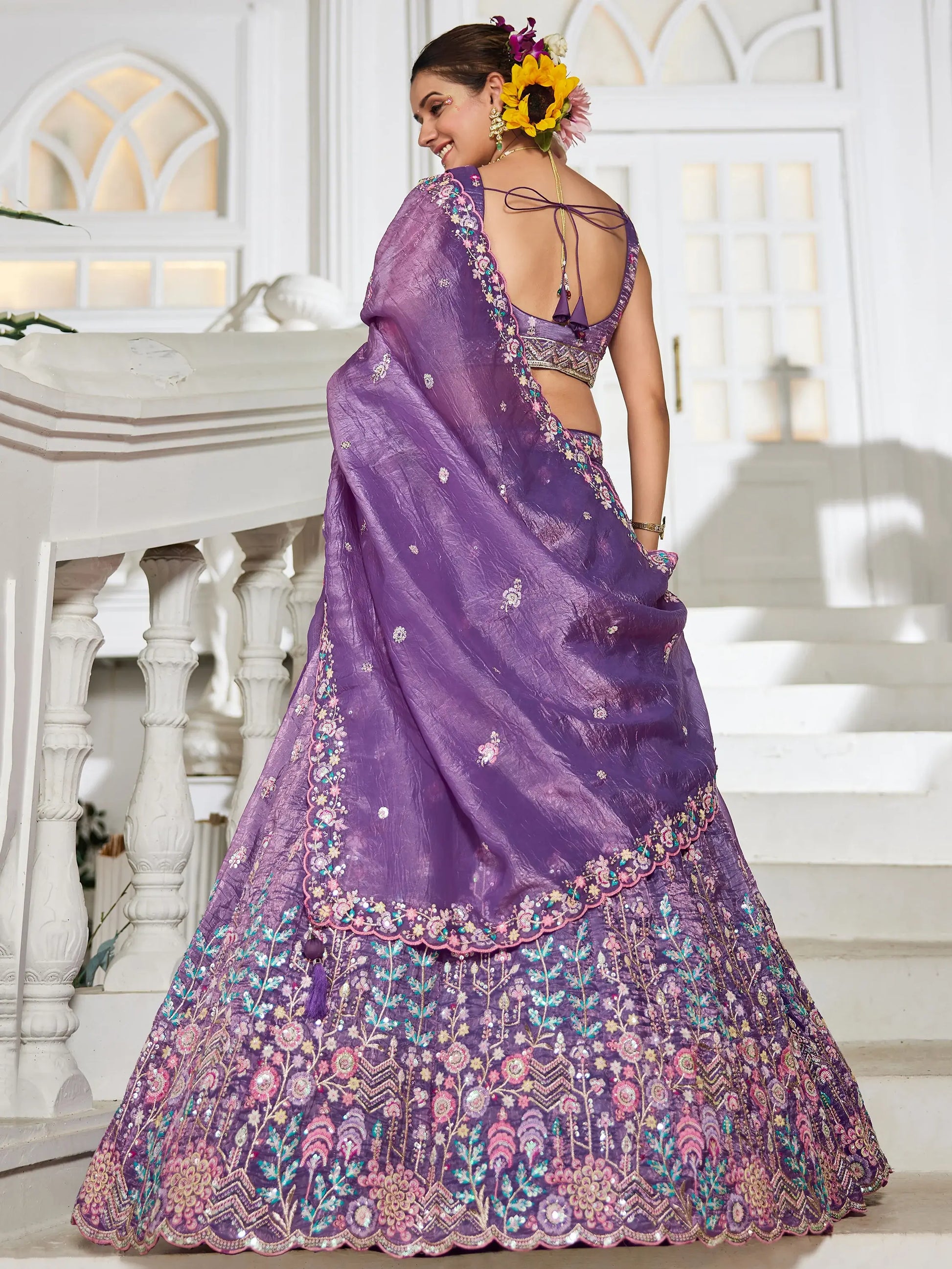 Attractive Lavender Thread Work Silk Engagement Wear Lehenga Choli - Zeel Clothing