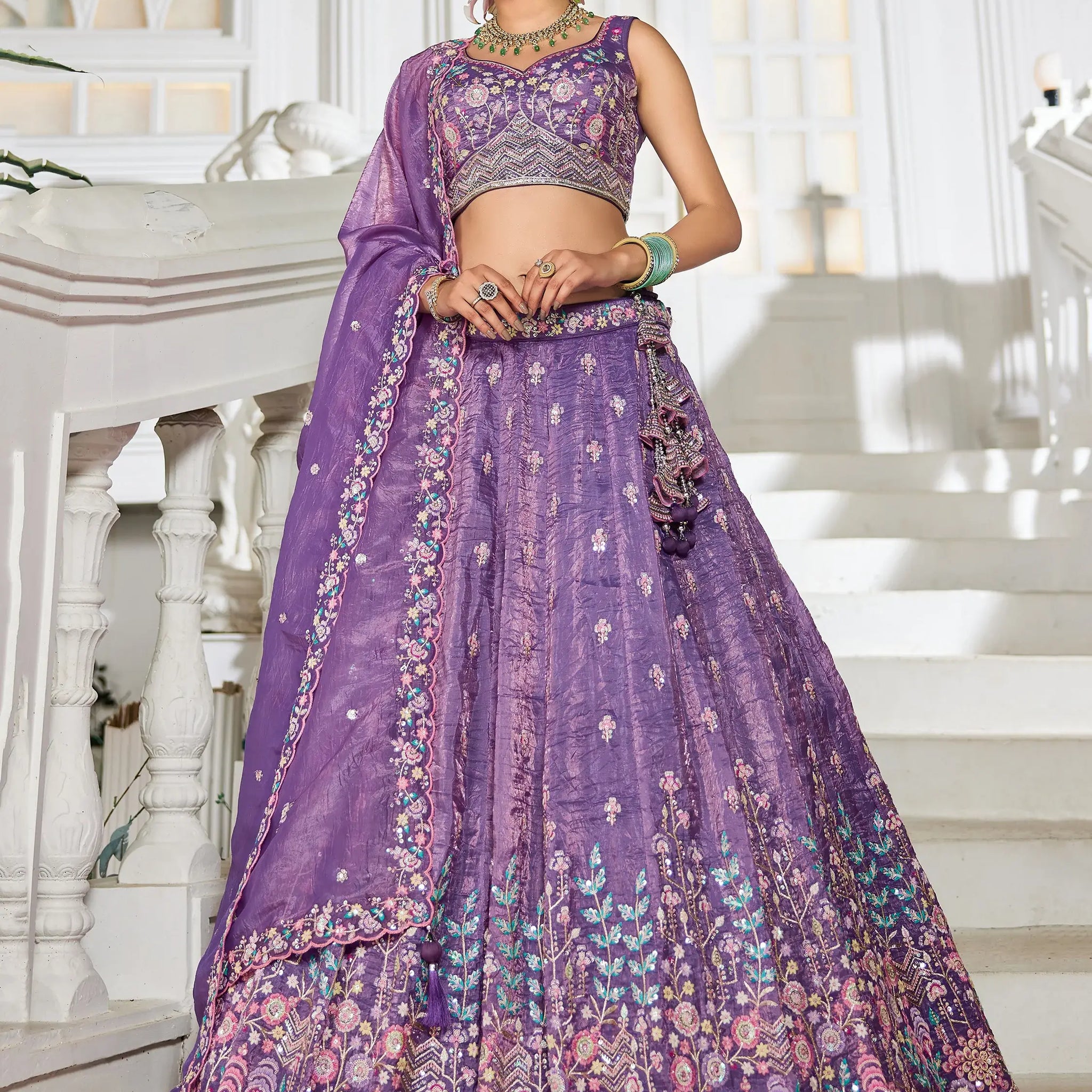 Attractive Lavender Thread Work Silk Engagement Wear Lehenga Choli - Zeel Clothing