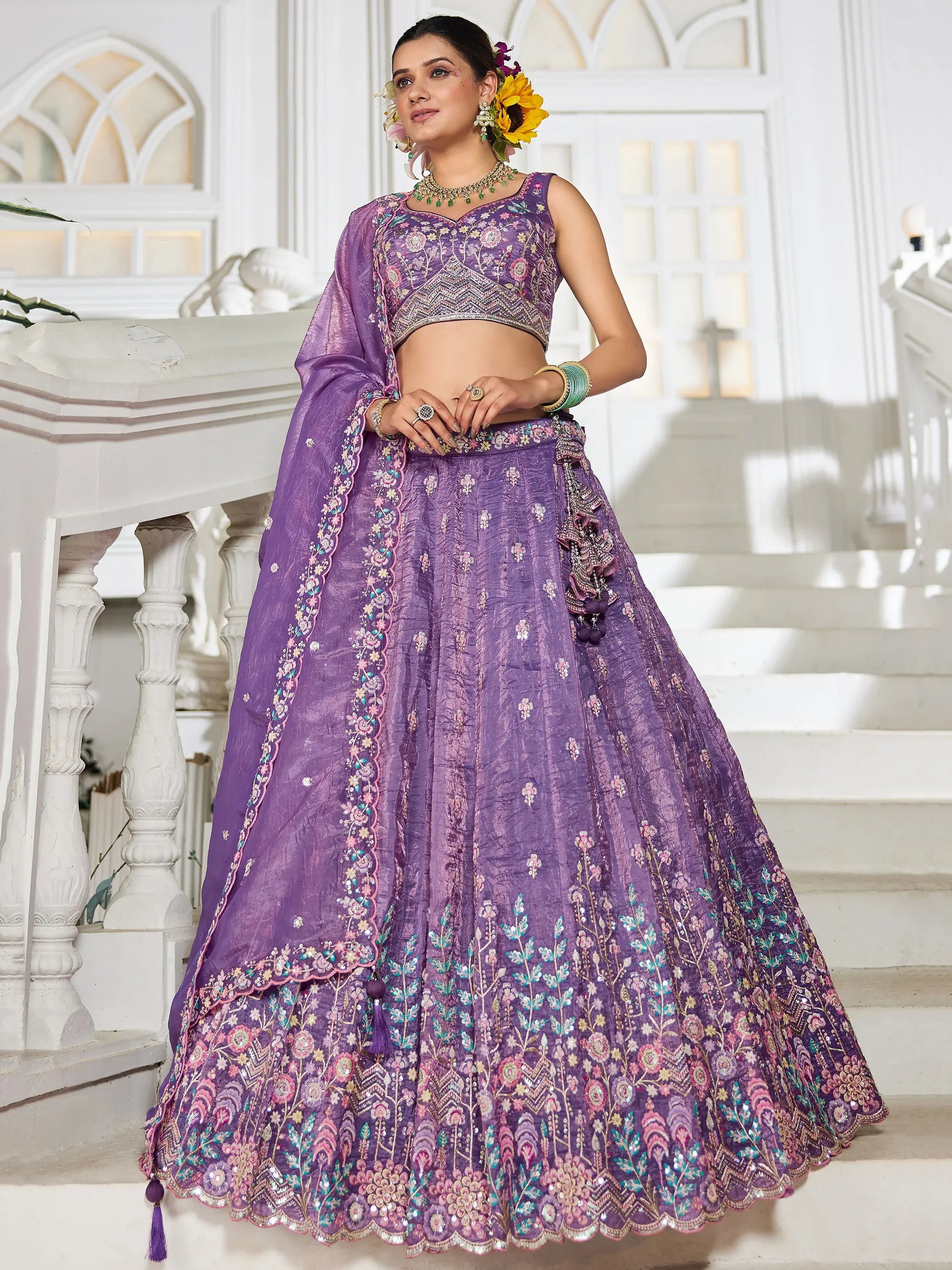 Attractive Lavender Thread Work Silk Engagement Wear Lehenga Choli - Zeel Clothing