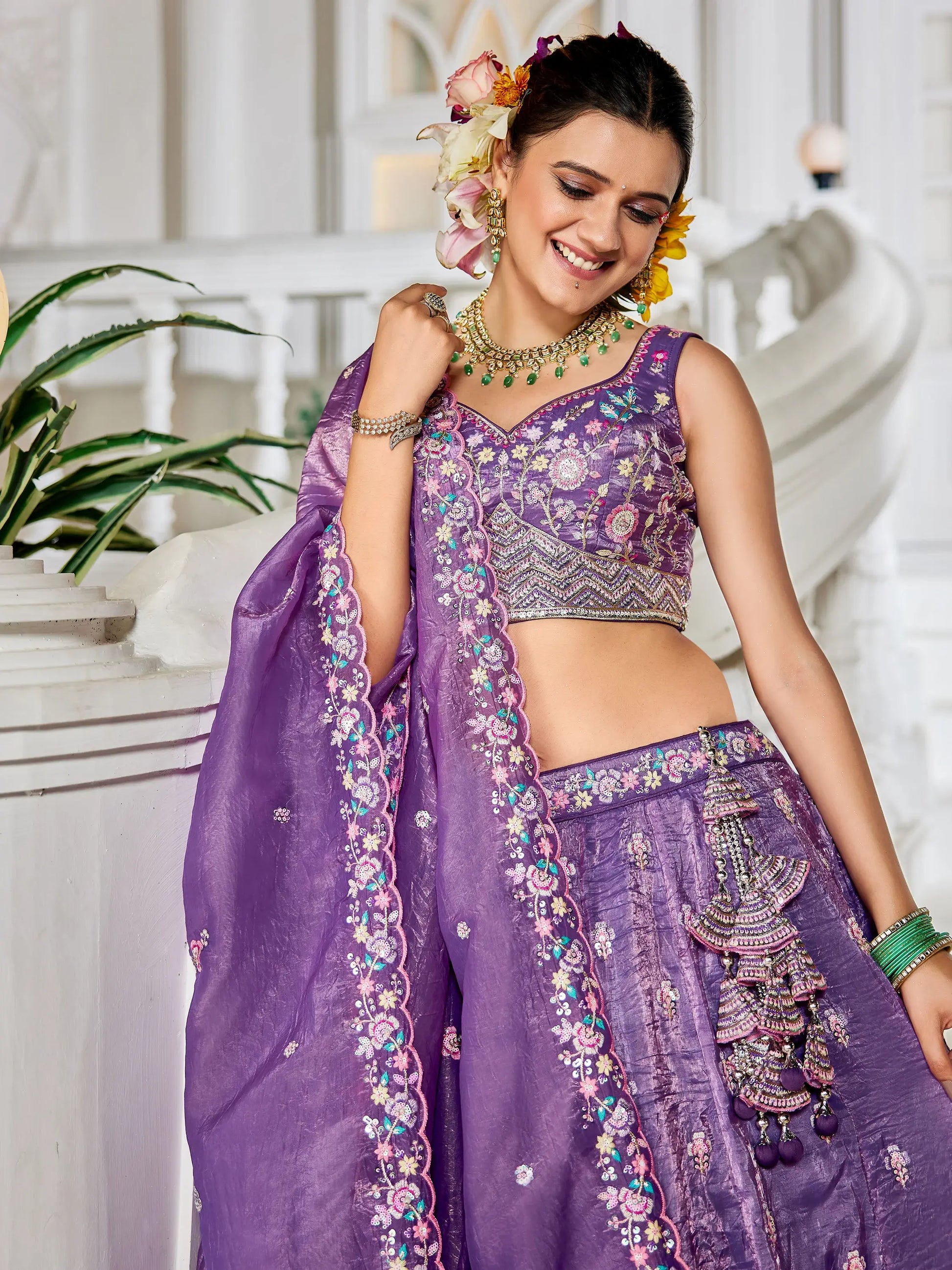 Attractive Lavender Thread Work Silk Engagement Wear Lehenga Choli - Zeel Clothing