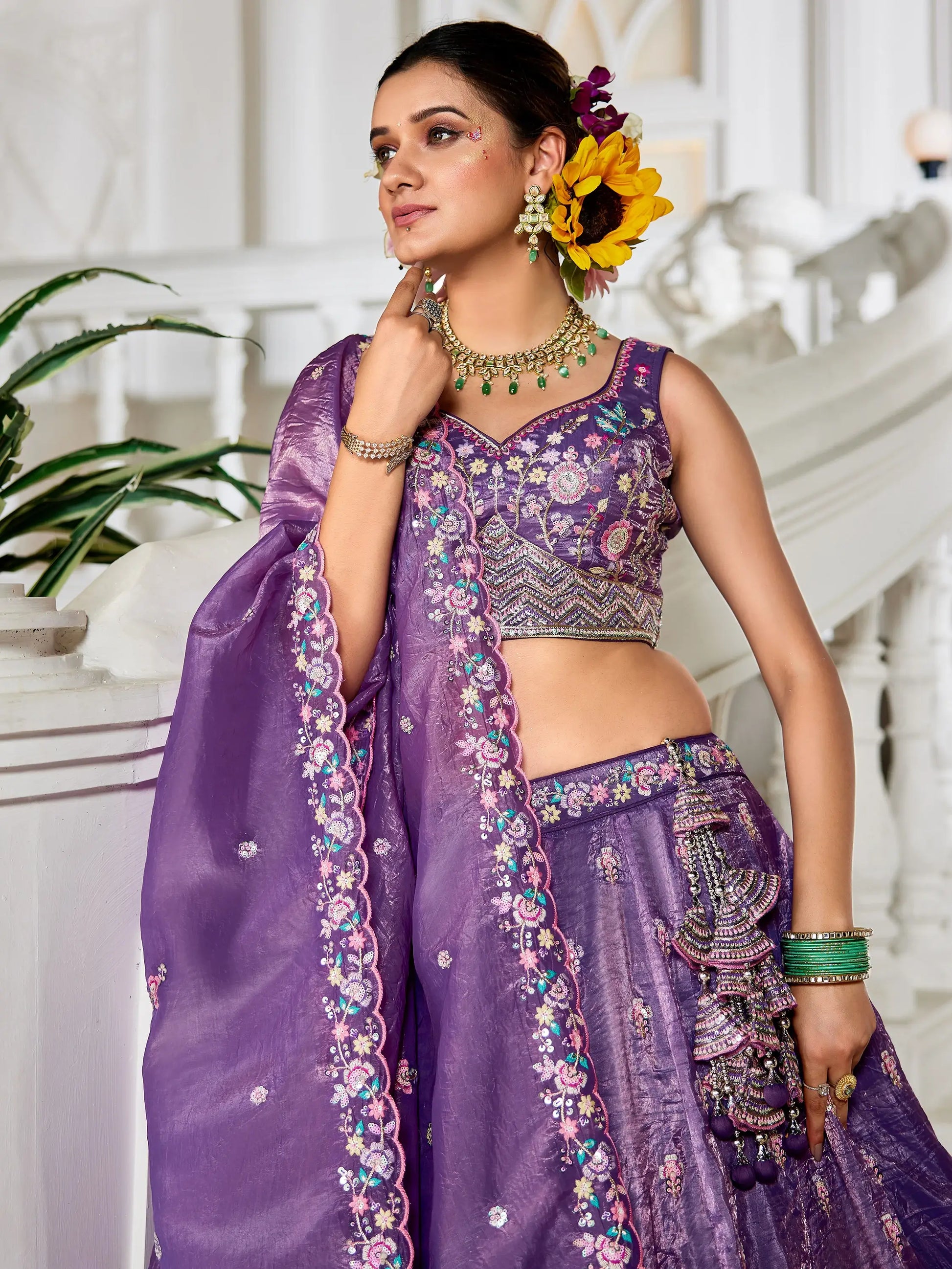 Attractive Lavender Thread Work Silk Engagement Wear Lehenga Choli - Zeel Clothing