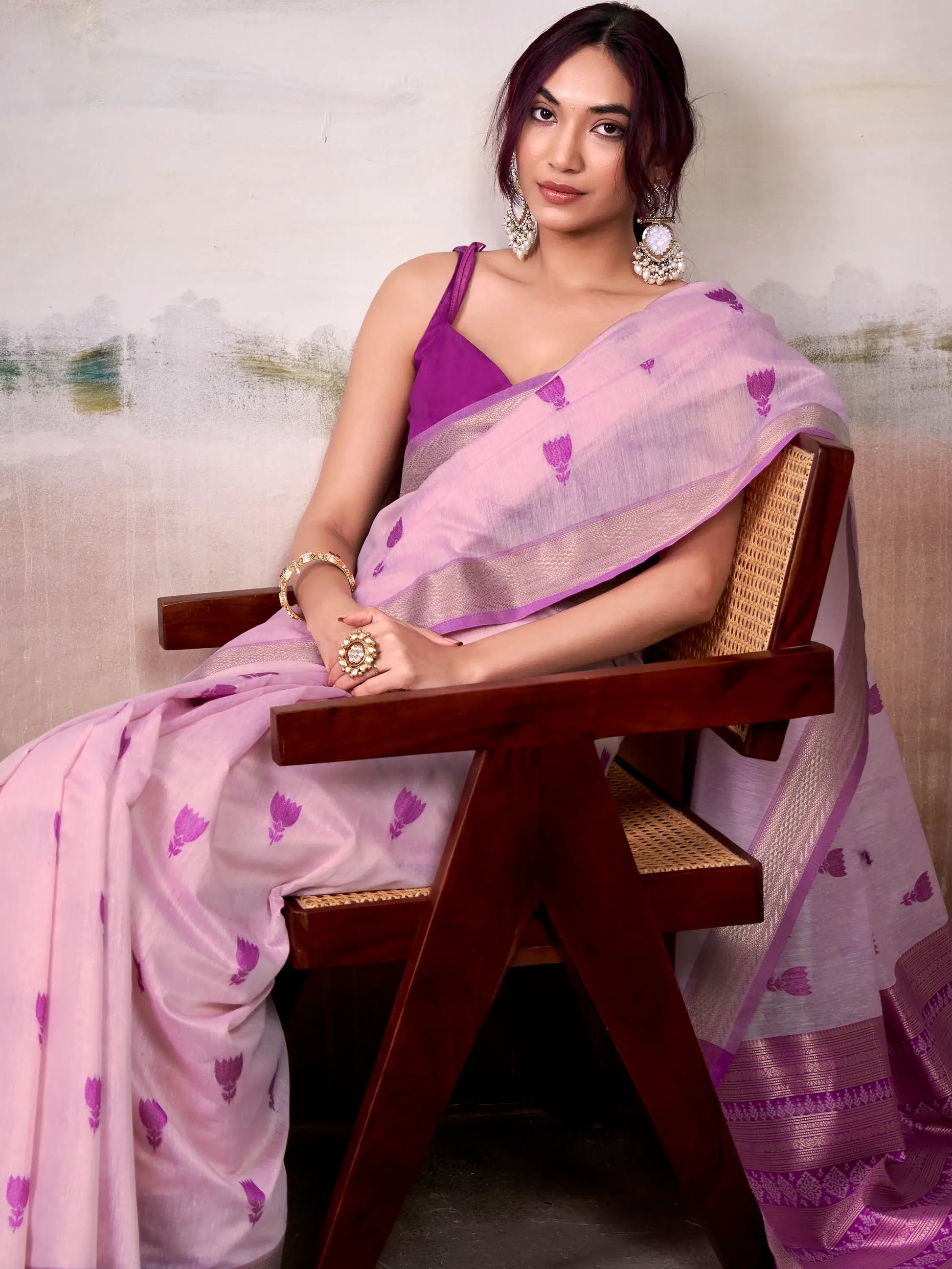 Attractive Lavender Zari Weaving Cotton Festive Wear Saree With Blouse - Zeel Clothing