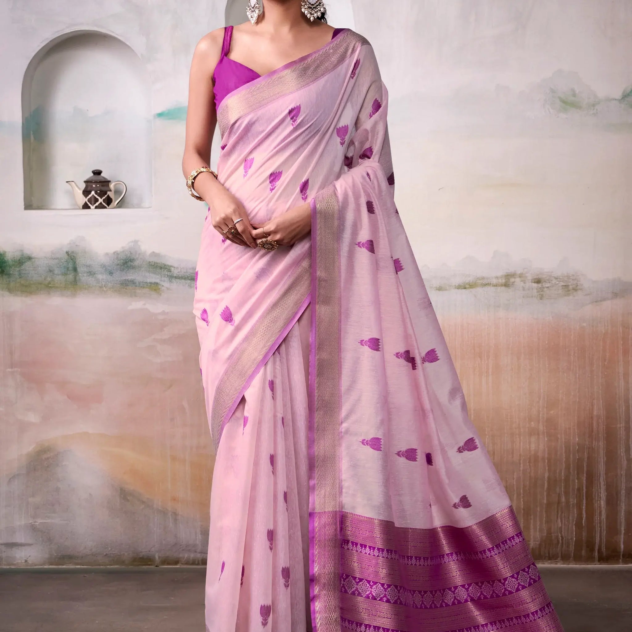 Attractive Lavender Zari Weaving Cotton Festive Wear Saree With Blouse - Zeel Clothing