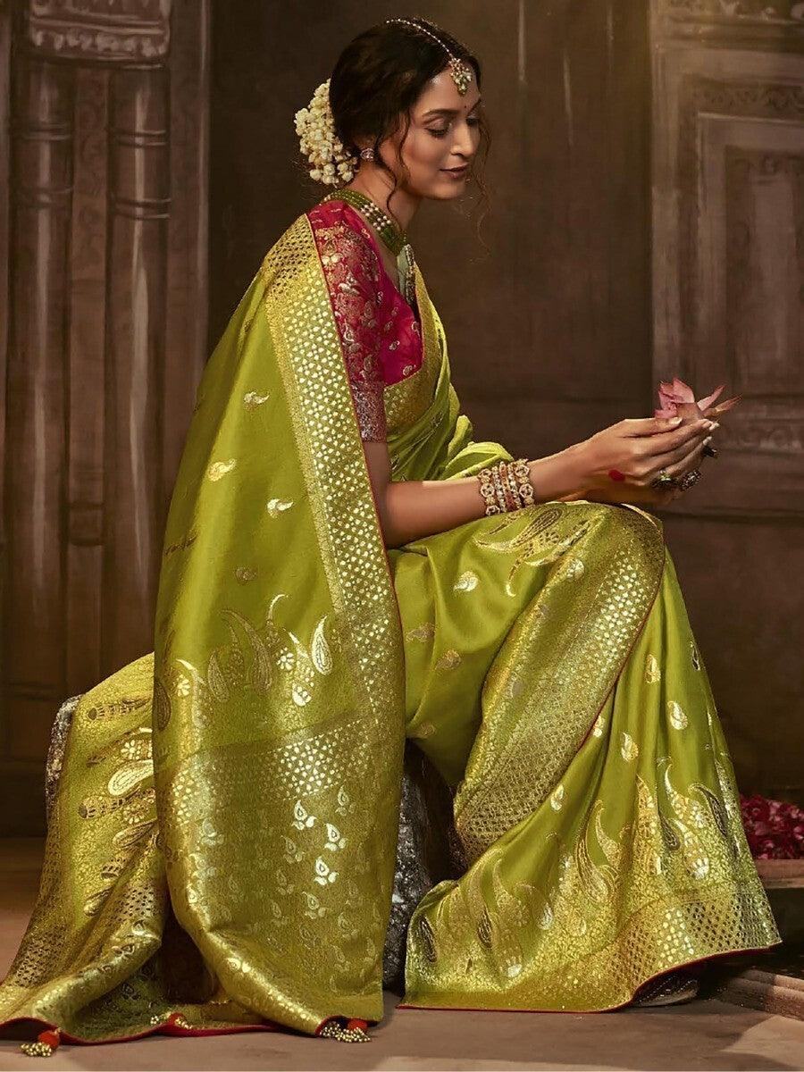 Attractive Light Green Zari Woven Silk Wedding Wear Saree With Blouse
