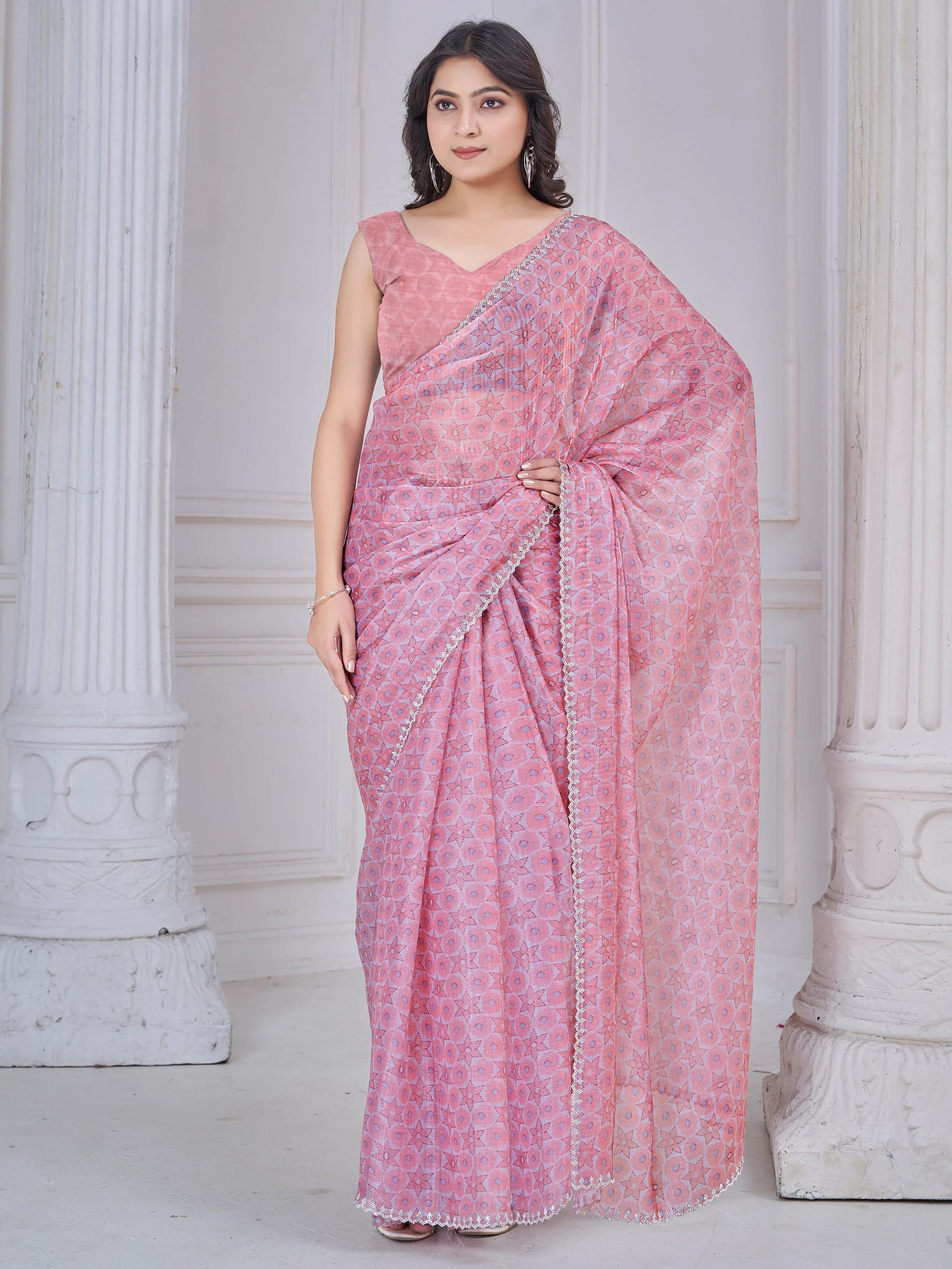 Attractive Light Pink Printed Organza Silk Party Wear Saree With Blouse - Zeel Clothing