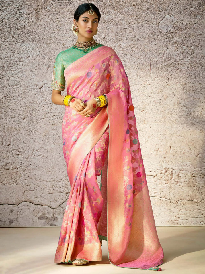 Attractive Light Pink Zari Weaving Silk Festival Wear Saree With Blouse - Zeel Clothing