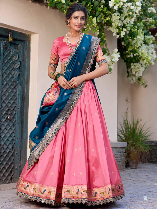 Attractive Light Pink Zari Weaving Silk Lehenga Choli With Dupatta - Zeel Clothing