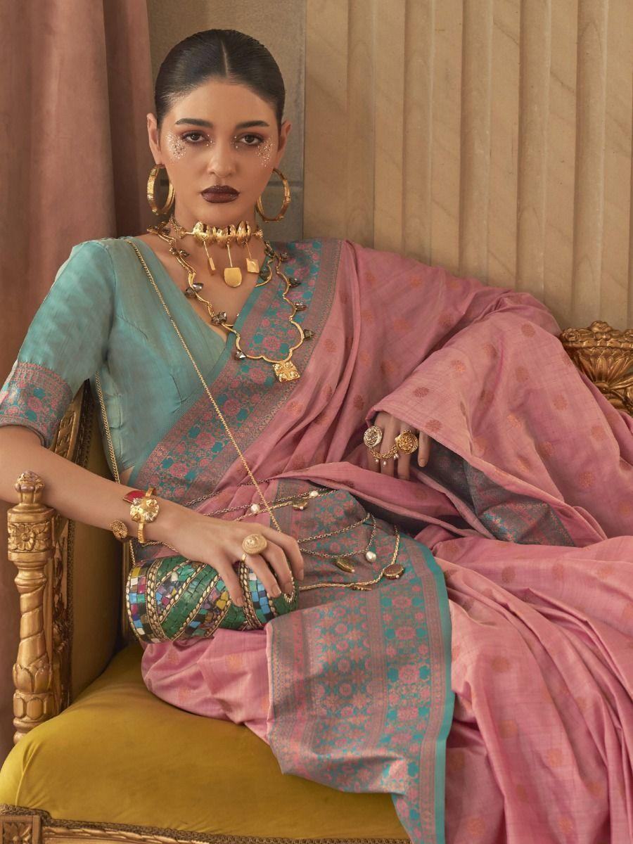 Attractive Light Pink Zari Woven Silk Wedding Wear Saree With Blouse