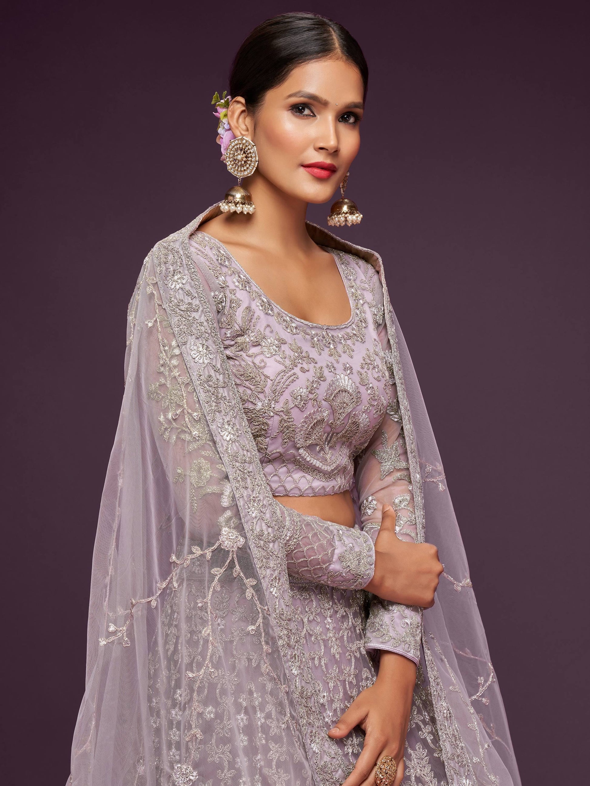 Attractive Lilac Embroidered Soft Net Wedding Wear Lehenga Choli - Zeel Clothing