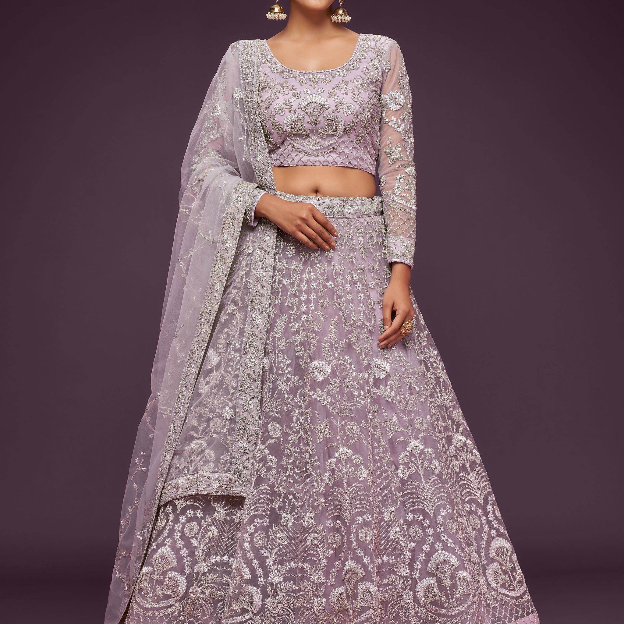 Attractive Lilac Embroidered Soft Net Wedding Wear Lehenga Choli - Zeel Clothing
